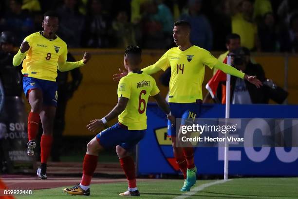 Romario Ibarra of Ecuador celebrates with teammates after scoring the first goal of his team during a match between Ecuador and Argentina as part of...