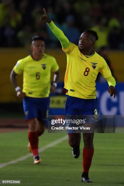 Romario Ibarra of Ecuador celebrates after scoring the first goal of his team during a match between Ecuador and Argentina as part of FIFA 2018 World...