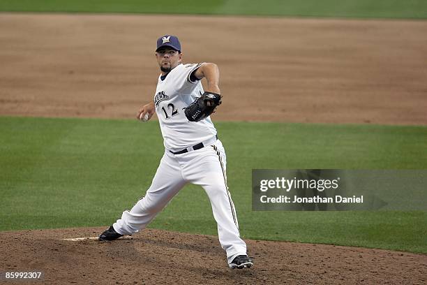 Carlos Villanueva of the Milwaukee Brewers delivers a pitch against the Chicago Cubs during the Opening Day game on April 10, 2009 at Miller Park in...