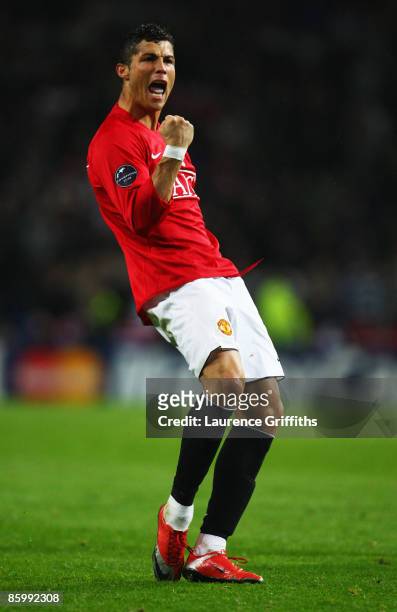 Cristiano Ronaldo of Manchester United celebrates victory after the UEFA Champions League Quarter Final second leg match between FC Porto and...