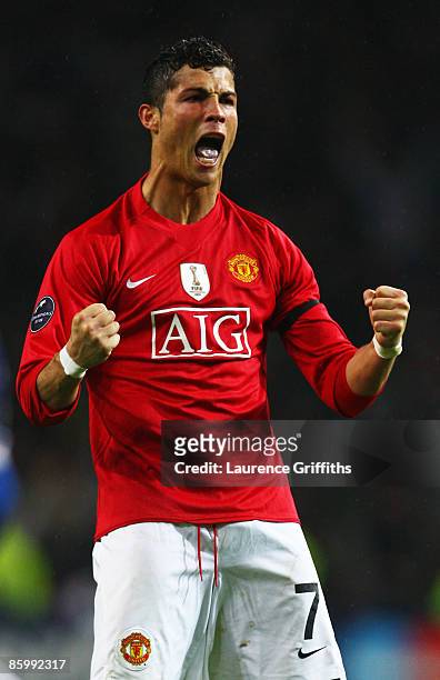 Cristiano Ronaldo of Manchester United celebrates victory after the UEFA Champions League Quarter Final second leg match between FC Porto and...