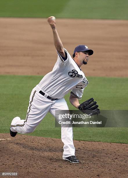 Carlos Villanueva of the Milwaukee Brewers delivers a pitch against the Chicago Cubs during the Opening Day game on April 10, 2009 at Miller Park in...