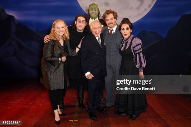 Susan Stroman, Ross Noble, Shuler Hensley, Mel Brooks, Hadley Fraser and Lesley Joseph attend the press night performance of "Mel Brooks' Young...