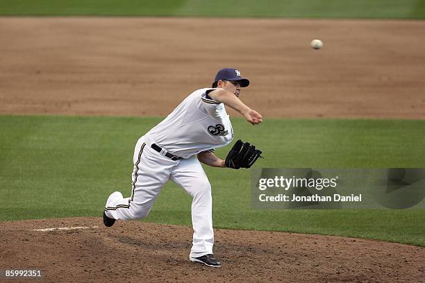 Carlos Villanueva of the Milwaukee Brewers delivers a pitch against the Chicago Cubs during the Opening Day game on April 10, 2009 at Miller Park in...