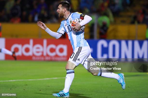 Lionel Messi of Argentina celebrates after scoring the first goal of his team during a match between Ecuador and Argentina as part of FIFA 2018 World...