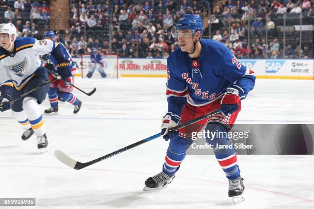 Adam Cracknell of the New York Rangers skates against the St. Louis Blues at Madison Square Garden on October 10, 2017 in New York City.