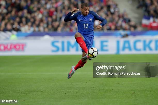 Kylian Mbappe of France in action during the FIFA 2018 World Cup Qualifier between France and Belarus at Stade de France on October 10, 2017 in...