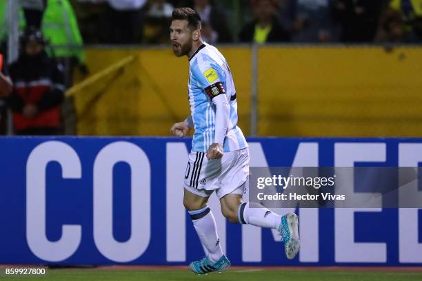 Lionel Messi of Argentina celebrates after scoring the second goal of his team during a match between Ecuador and Argentina as part of FIFA 2018...