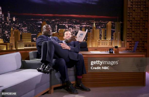 Episode 0755 -- Pictured: Shaquille O'Neal during an interview with host Jimmy Fallon on October 10, 2017 --
