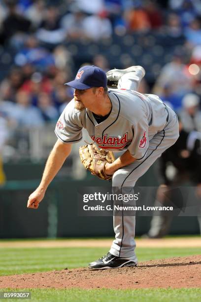 Kerry Wood of the Cleveland Indians, wearing a jersey during the Jackie Robinson Day game throws a pitch in the ninth inning against the Kansas City...