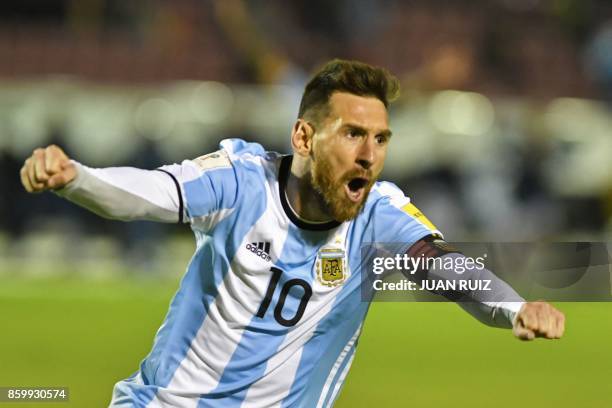 Argentina's Lionel Messi celebrates after scoring against Ecuador during their 2018 World Cup qualifier football match in Quito, on October 10, 2017.