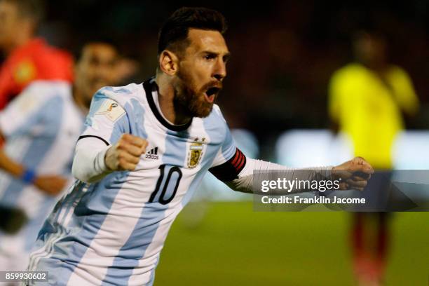 Lionel Messi of Argentina celebrates after scoring the second goal of his team during a match between Ecuador and Argentina as part of FIFA 2018...