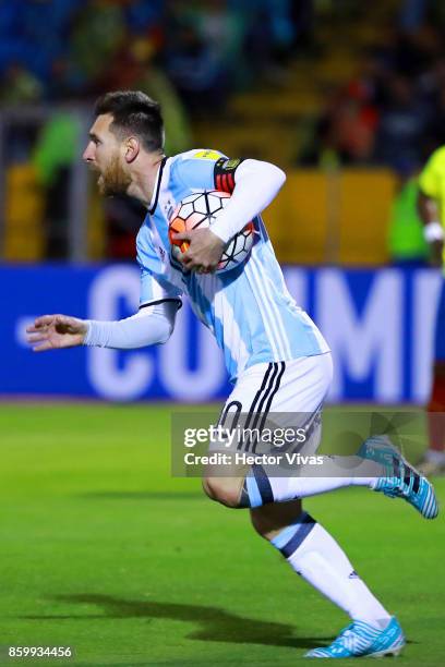 Lionel Messi of Argentina celebrates after scoring the first goal of his team during a match between Ecuador and Argentina as part of FIFA 2018 World...