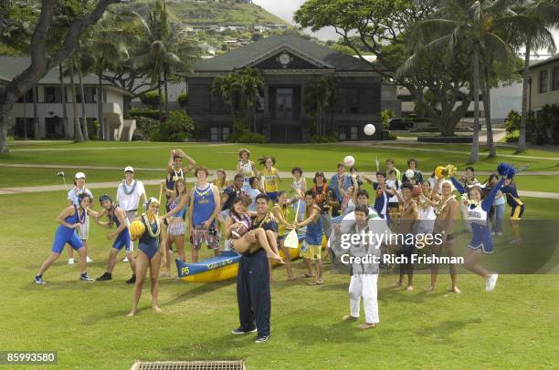 Group portrait of Punahou School athletes. Foreground: Marissa Yamamoto and Manti Te'o . Background: Aisha Price , Daniel Chow , Teale Nakashima ,...