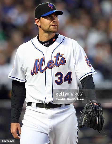 Mike Pelfrey of the New York Mets looks on against the San Diego Padres on April 13, 2009 at Citi Field in the Flushing neighborhood of the Queens...