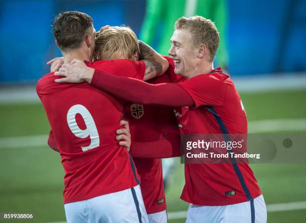 Birk Risa, Morten Thorsby, Henrik Bjordal of Norway during the U-21 FIFA 2018 World Cup Qualifier between Norway and Germany at Marienlyst Stadion on...