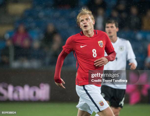 Morten Thorsby of Norway, Pascal Stenzei of Germany during the U-21 FIFA 2018 World Cup Qualifier between Norway and Germany at Marienlyst Stadion on...