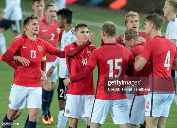 Erlend Reitan, Martin Odegaard, Henrik Bjordal, Morten Thorsby, Kristoffer Ajer of Norway during the U-21 FIFA 2018 World Cup Qualifier between...