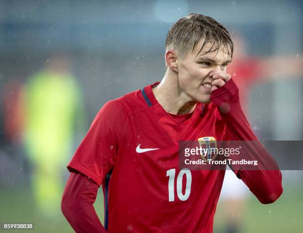 Martin Odegaard of Norway during the U-21 FIFA 2018 World Cup Qualifier between Norway and Germany at Marienlyst Stadion on October 10, 2017 in...