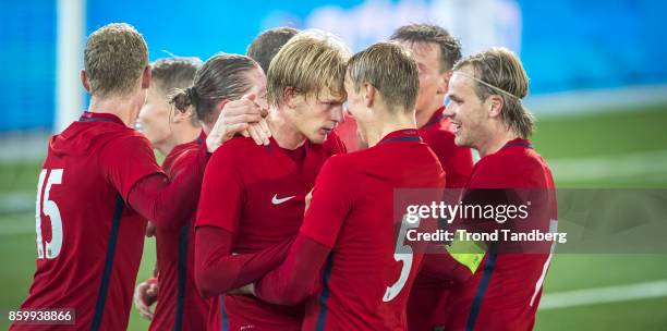 Henrik Bjordal, Julian Ryerson, Morten Thorsby, Ulrik jenssen, Iver Fossum of Norway during the U-21 FIFA 2018 World Cup Qualifier between Norway and...