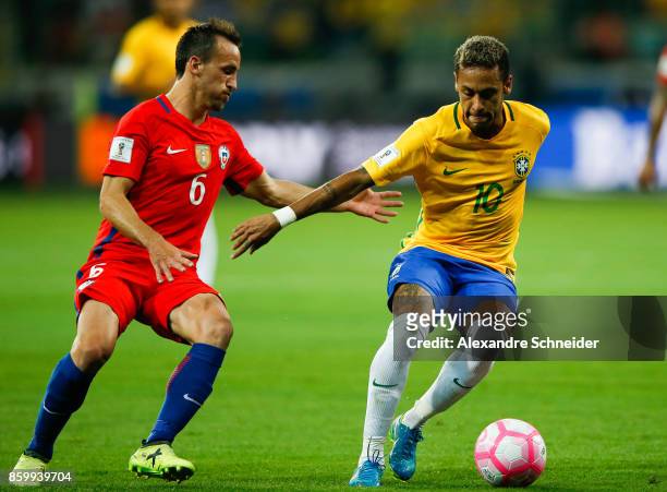 Fuenzalida of Chile and Neymar of Brazil in action during the match between Brazil and Chile for the 2018 FIFA World Cup Russia Qualifier at Allianz...