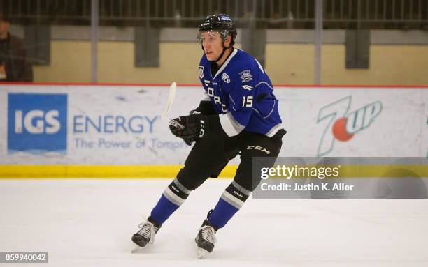 Garrett Van Whye"t#15 of the Fargo Force skates during the game against the Green Bay Gamblers on Day 1 of the USHL Fall Classic at UPMC Lemieux...