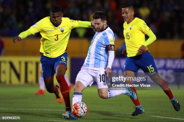 Lionel Messi of Argentina scores the third goal of his team during a match between Ecuador and Argentina as part of FIFA 2018 World Cup Qualifiers at...
