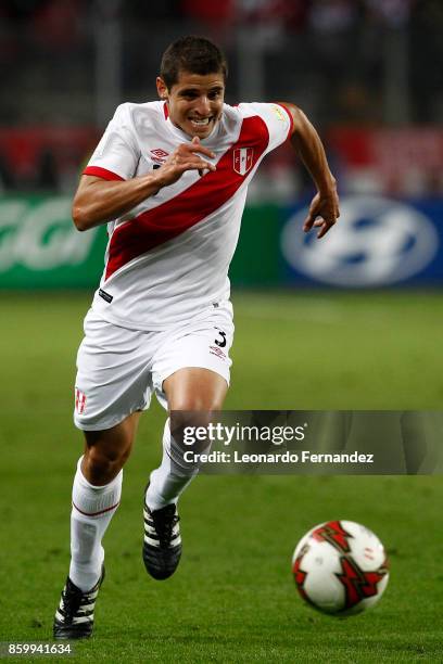 Aldo Corzo of Peru plays the ball during match between Peru and Colombia as part of FIFA 2018 World Cup Qualifiers at National Stadium on October 10,...