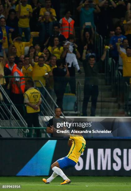 Paulinho of Brazil celebrates their first goal during the match between Brazil and Chile for the 2018 FIFA World Cup Russia Qualifier at Allianz...