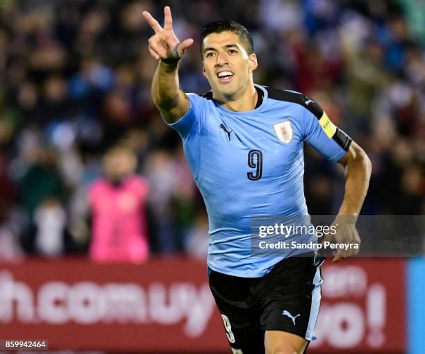 Luis Suarez of Uruguay celebrates after scoring his team's third goal during a match between Uruguay and Bolivia as part of FIFA 2018 World Cup...