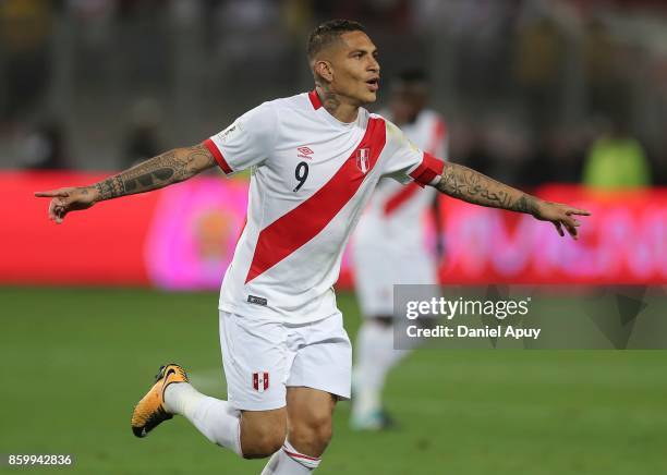 Paolo Guerrero of Peru celebrates after scoring the first goal of his team during a match between Peru and Colombia as part of FIFA 2018 World Cup...