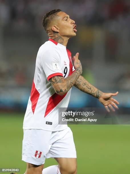 Paolo Guerrero of Peru celebrates after scoring the first goal of his team during a match between Peru and Colombia as part of FIFA 2018 World Cup...