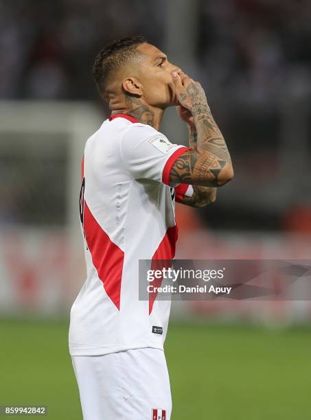 Paolo Guerrero of Peru celebrates after scoring the first goal of his team during a match between Peru and Colombia as part of FIFA 2018 World Cup...