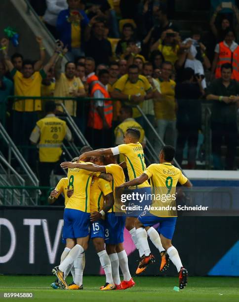 Paulinho of Brazil celebrates their first goal with his team mates during the match between Brazil and Chile for the 2018 FIFA World Cup Russia...