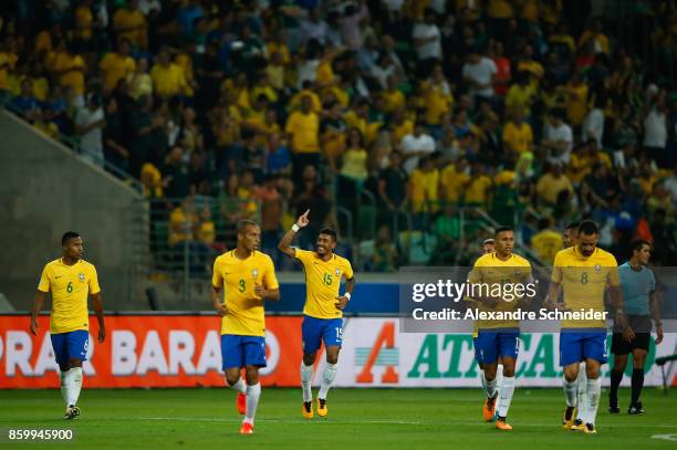 Paulinho of Brazil celebrates their first goal with his team mates during the match between Brazil and Chile for the 2018 FIFA World Cup Russia...