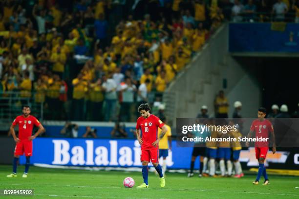 Player of Chile react during the match between Brazil and Chile for the 2018 FIFA World Cup Russia Qualifier at Allianz Parque Stadium on October 10,...