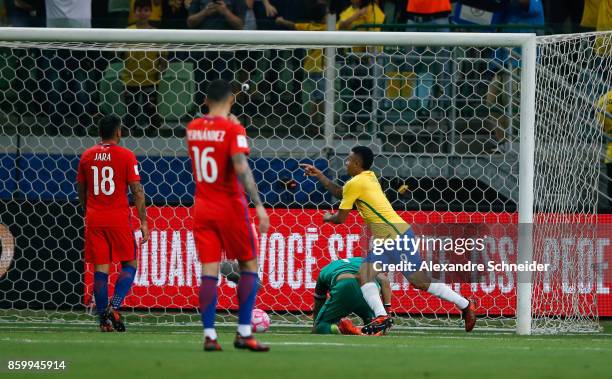 Gabriel Jesus of Brazil scores their second goal during the match between Brazil and Chile for the 2018 FIFA World Cup Russia Qualifier at Allianz...