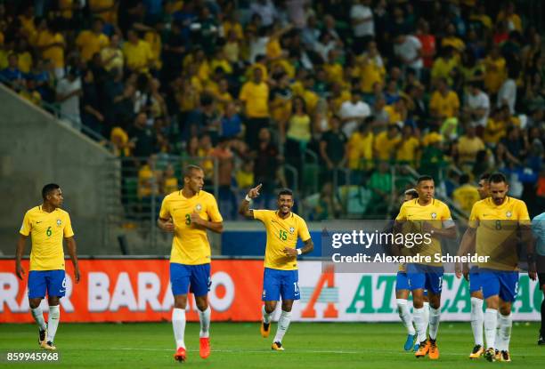 Paulinho of Brazil celebrates their first goal with his team mates during the match between Brazil and Chile for the 2018 FIFA World Cup Russia...