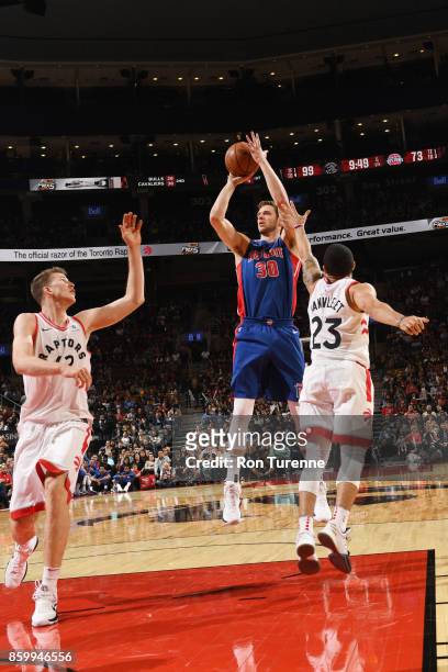 Jon Leuer of the Detroit Pistons shoots the ball against the Toronto Raptors during the preseason game on October 10, 2017 at the Air Canada Centre...