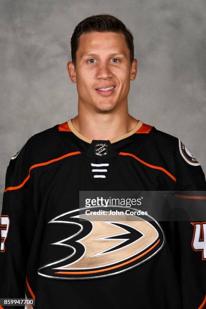 Steve Oleksy of the Anaheim Ducks poses for his official headshot for the 2017-2018 season on September 14, 2017 at Honda Center in Anaheim,...