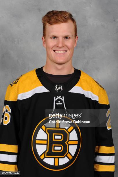 Colby Cave of the Boston Bruins poses for his official headshot for the 2017-2018 season on September 16, 2017 in Boston, Massachusetts.