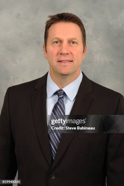 Assistant coach Joe Sacco of the Boston Bruins poses for his official headshot for the 2017-2018 season on September 19, 2017 in Boston,...