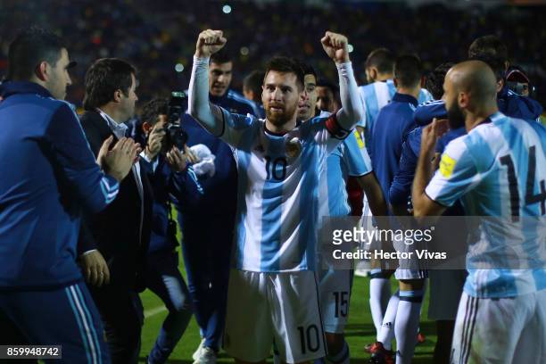 Lionel Messi of Argentina celebrates qualifying to the World Cup after winning a match between Ecuador and Argentina as part of FIFA 2018 World Cup...