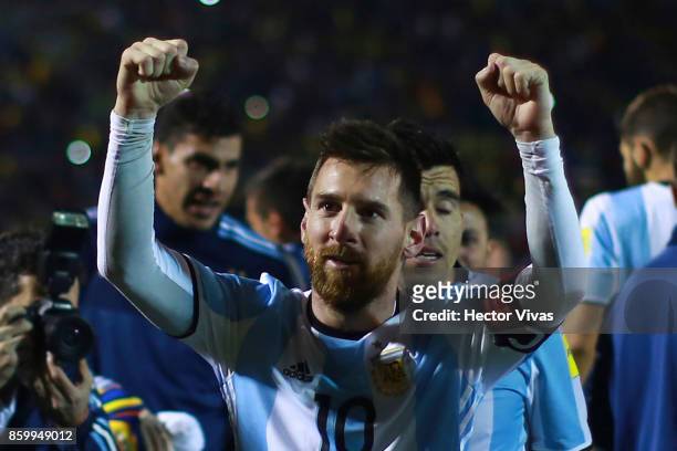 Lionel Messi of Argentina celebrates qualifying to the World Cup after winning a match between Ecuador and Argentina as part of FIFA 2018 World Cup...