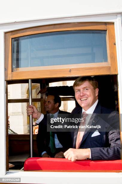 King Willem-Alexander of The Netherlands and Queen Maxima of The Netherlands during a trim ride on October 10, 2017 in Lisboa CDP, Portugal.