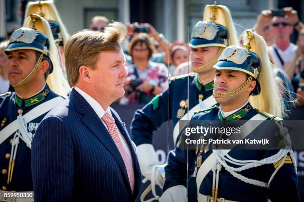 King Willem-Alexander of The Netherlands and Queen Maxima of The Netherlands visit mayor Fernando Medina of Lissabon at Camara Municipal de Lisboa on...