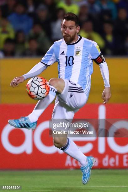 Lionel Messi of Argentina controls the ball during a match between Ecuador and Argentina as part of FIFA 2018 World Cup Qualifiers at Olimpico...