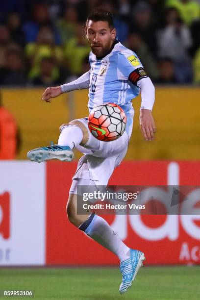 Lionel Messi of Argentina controls the ball during a match between Ecuador and Argentina as part of FIFA 2018 World Cup Qualifiers at Olimpico...