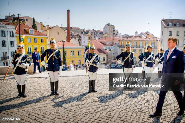 King Willem-Alexander of The Netherlands visits the chairman of the parliament Ferro Rodrigues at the Palacio de Sao Bento on October 10, 2017 in...