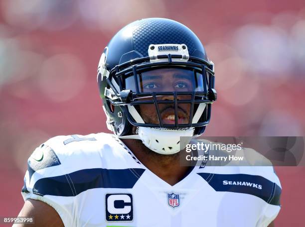 Bobby Wagner of the Seattle Seahawks warms up before the game against the Los Angeles Rams at Los Angeles Memorial Coliseum on October 8, 2017 in Los...